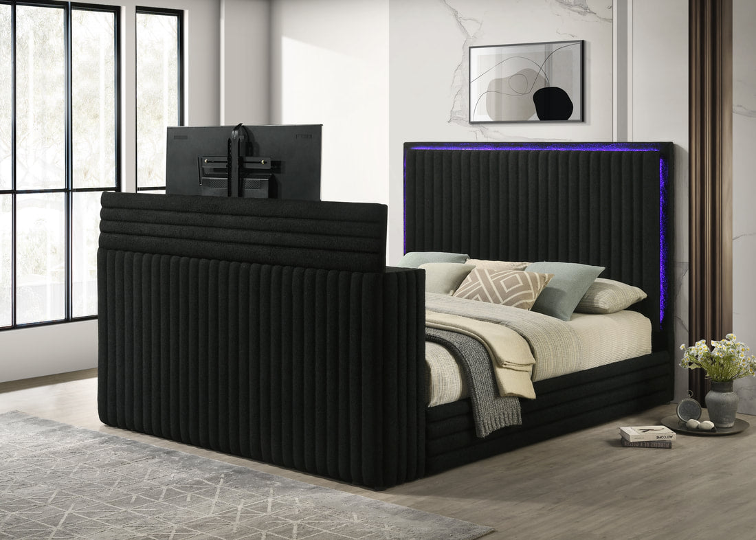 Villa Black FIREPLACE/TV STAND/LED/BLUETOOTH SPEAKERS King Platform Bed