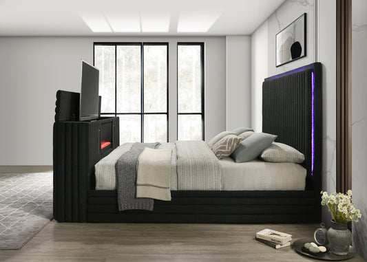 Villa Black FIREPLACE/TV STAND/LED/BLUETOOTH SPEAKERS King Platform Bed