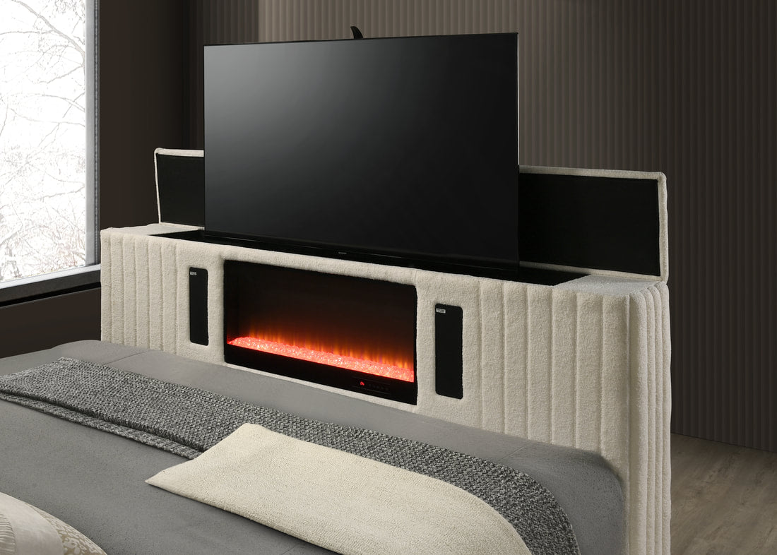 Villa White FIREPLACE/TV STAND/LED/BLUETOOTH SPEAKERS King Platform Bed
