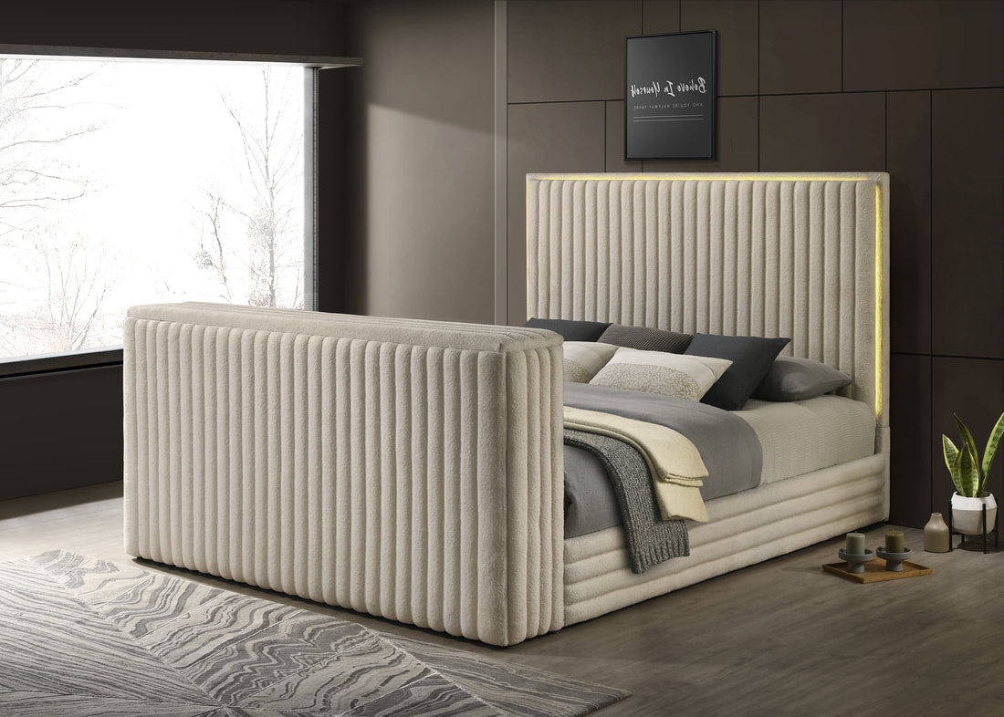 Villa White FIREPLACE/TV STAND/LED/BLUETOOTH SPEAKERS King Platform Bed