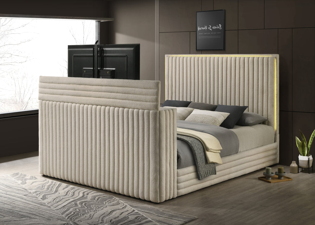 Villa White FIREPLACE/TV STAND/LED/BLUETOOTH SPEAKERS King Platform Bed