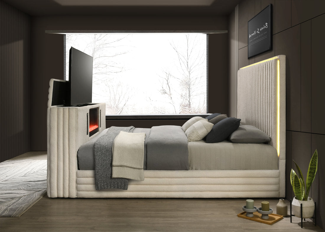Villa White FIREPLACE/TV STAND/LED/BLUETOOTH SPEAKERS King Platform Bed