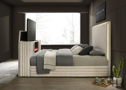 Villa White FIREPLACE/TV STAND/LED/BLUETOOTH SPEAKERS King Platform Bed