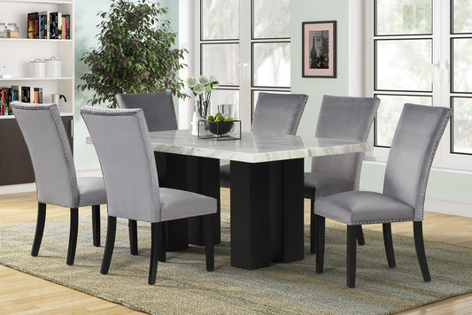 Grey Velvet 7pc Dining Set 1220  (FAUX MARBLE)
