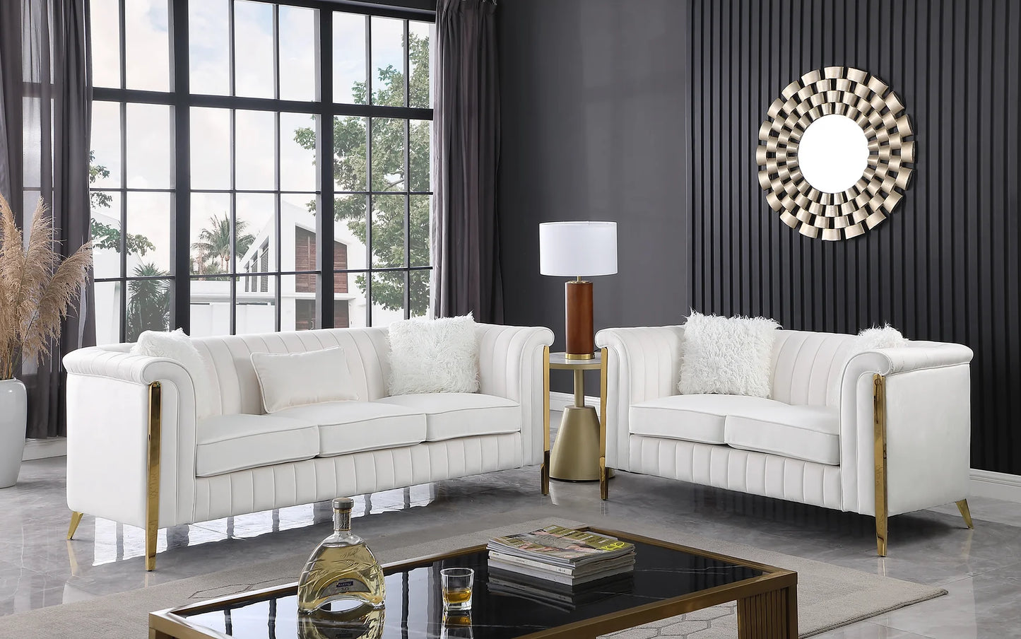 Fara Cream Velvet Sofa and Loveseat S8288