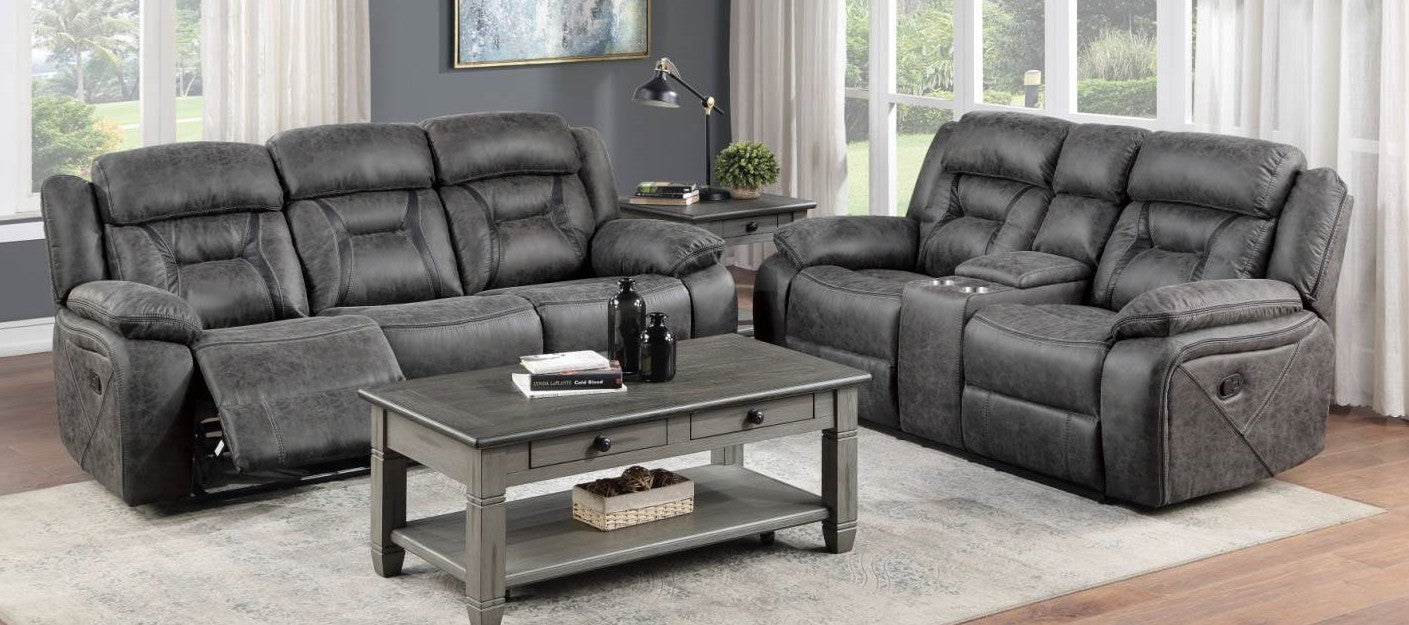 Madrona Hill Gray Reclining Sofa and Loveseat 9989