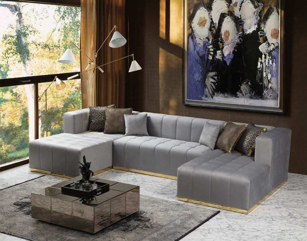 Elisha Grey Velvet Double Chaise 140" Sectional