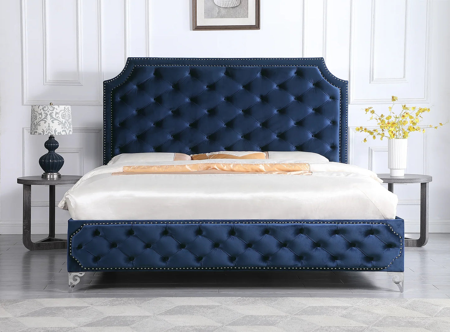 Leilah Platform Blue Velvet Queen Bed B830