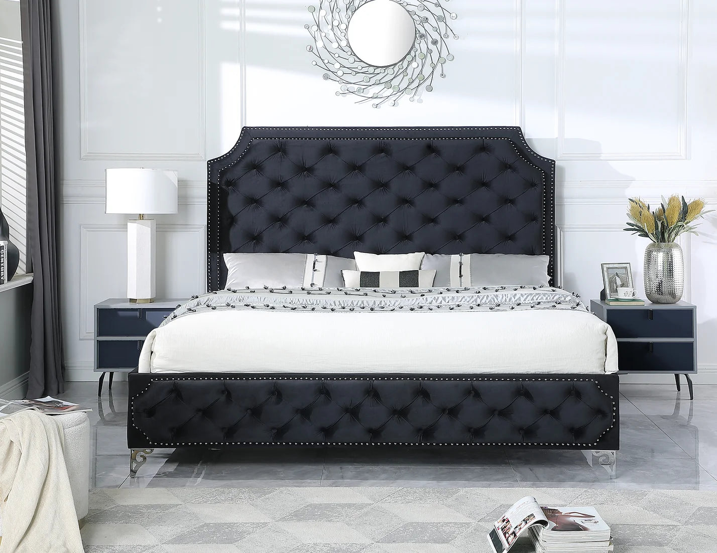 Leilah Platform Black Velvet Queen Bed B830
