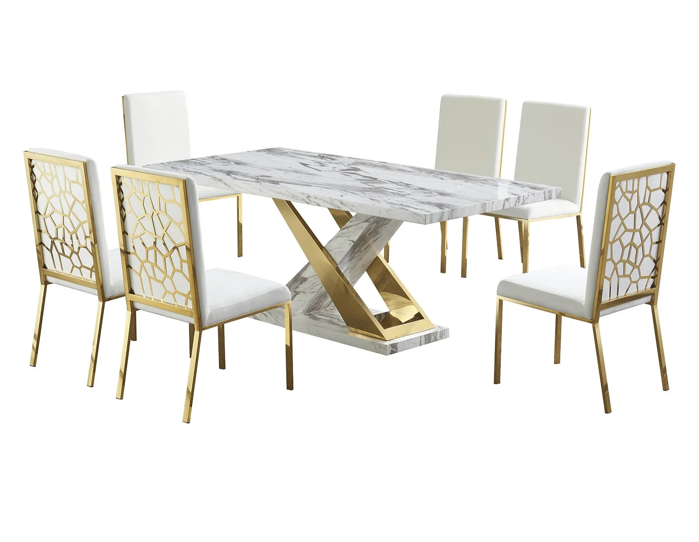 Viva White/Gold Faux Marble Dining Set D610