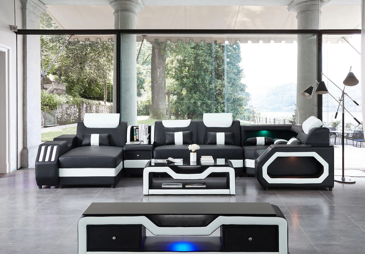 Matrix Black 163" BLUETOOTH Sectional with Coffee Table and TV Stand S9916