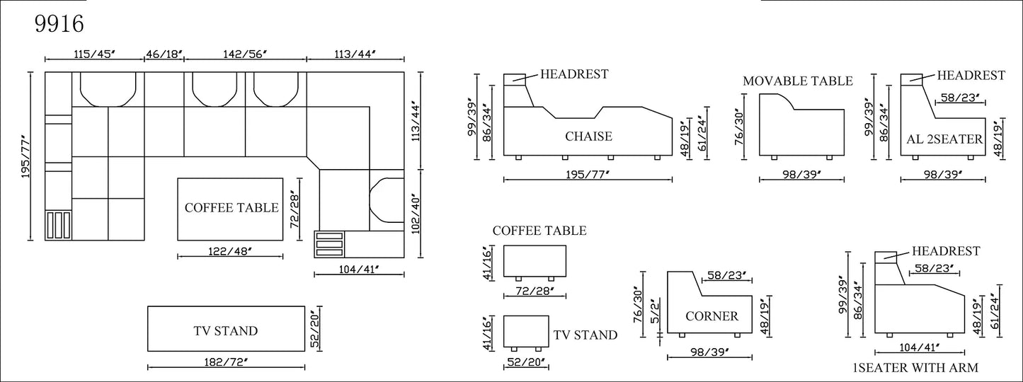 Matrix Black 163" BLUETOOTH Sectional with Coffee Table and TV Stand S9916