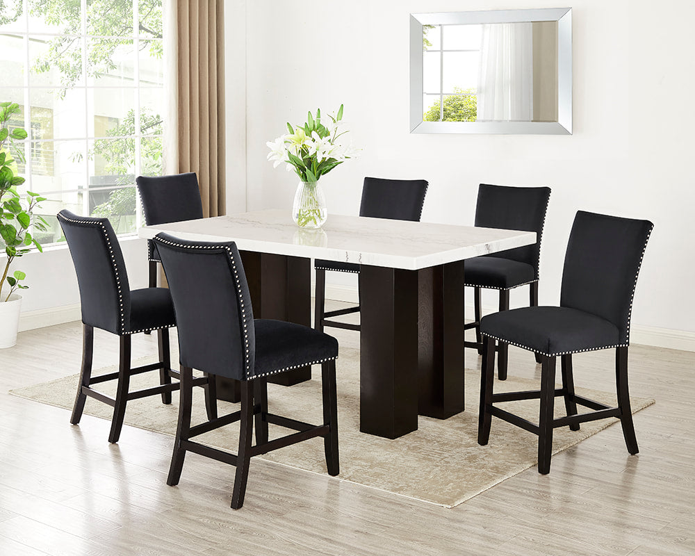Finley Black Velvet 7pc Counter Height Set (GENUINE MARBLE)