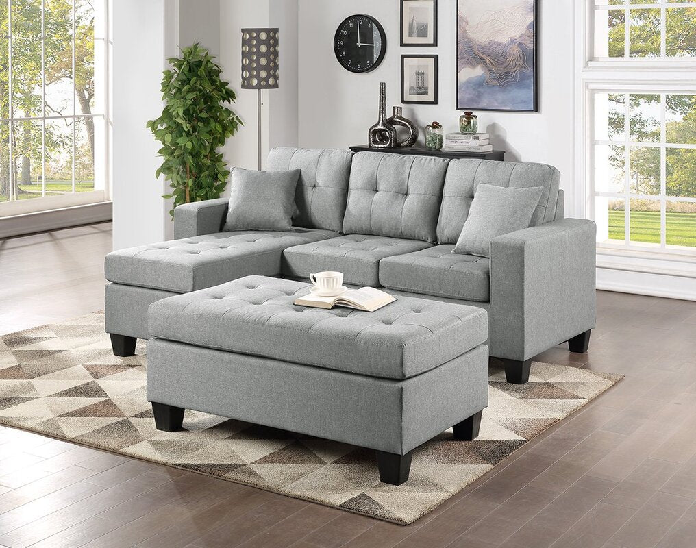Naomi Reversible Light Grey Linen Sectional with Ottoman