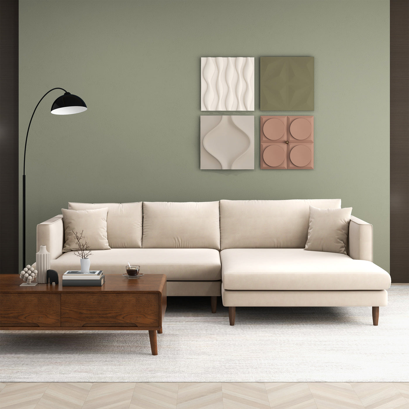 Blake 107" Cream Velvet L-Shaped Sectional Sofa Right Facing