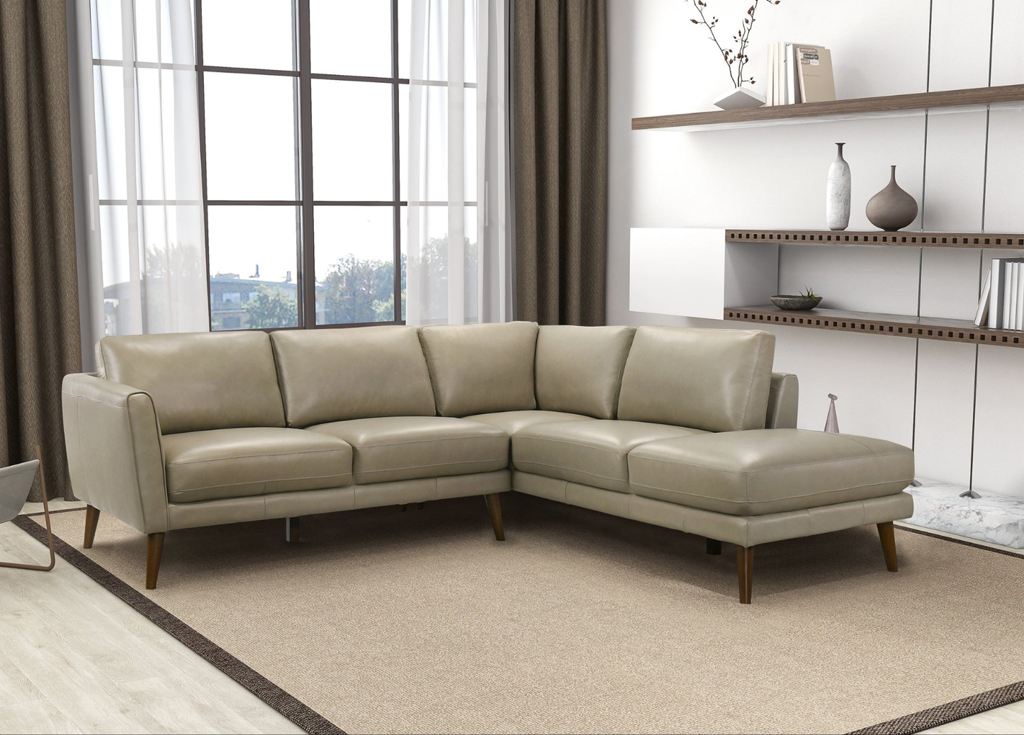 Benson 98" Beige Leather Sectional Sofa Right Facing Chaise