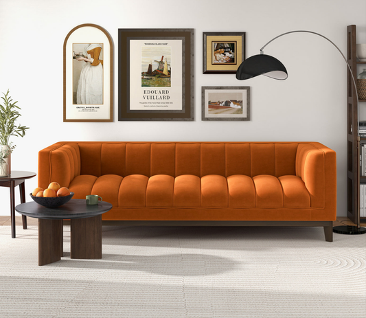 Melissa 91" Mid-Century Modern Orange Velvet Sofa