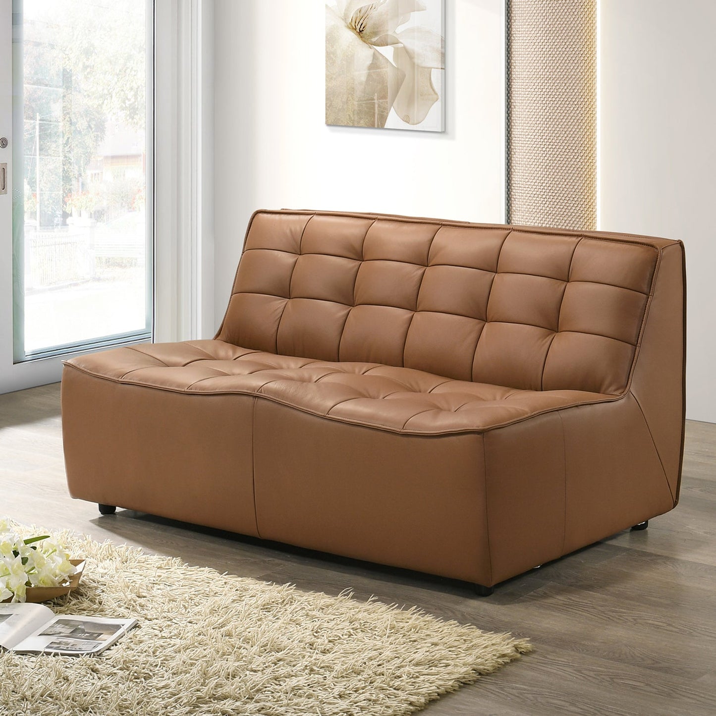 London Mid-Century Modern Brown Genuine Leather Corner Modular Sofa
