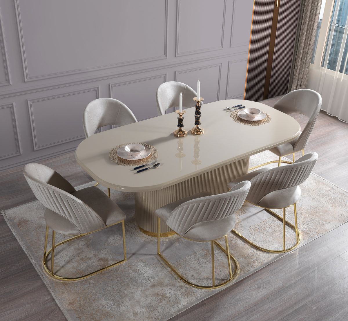 Milena Ivory/Gold 7pc  Dining Room Set