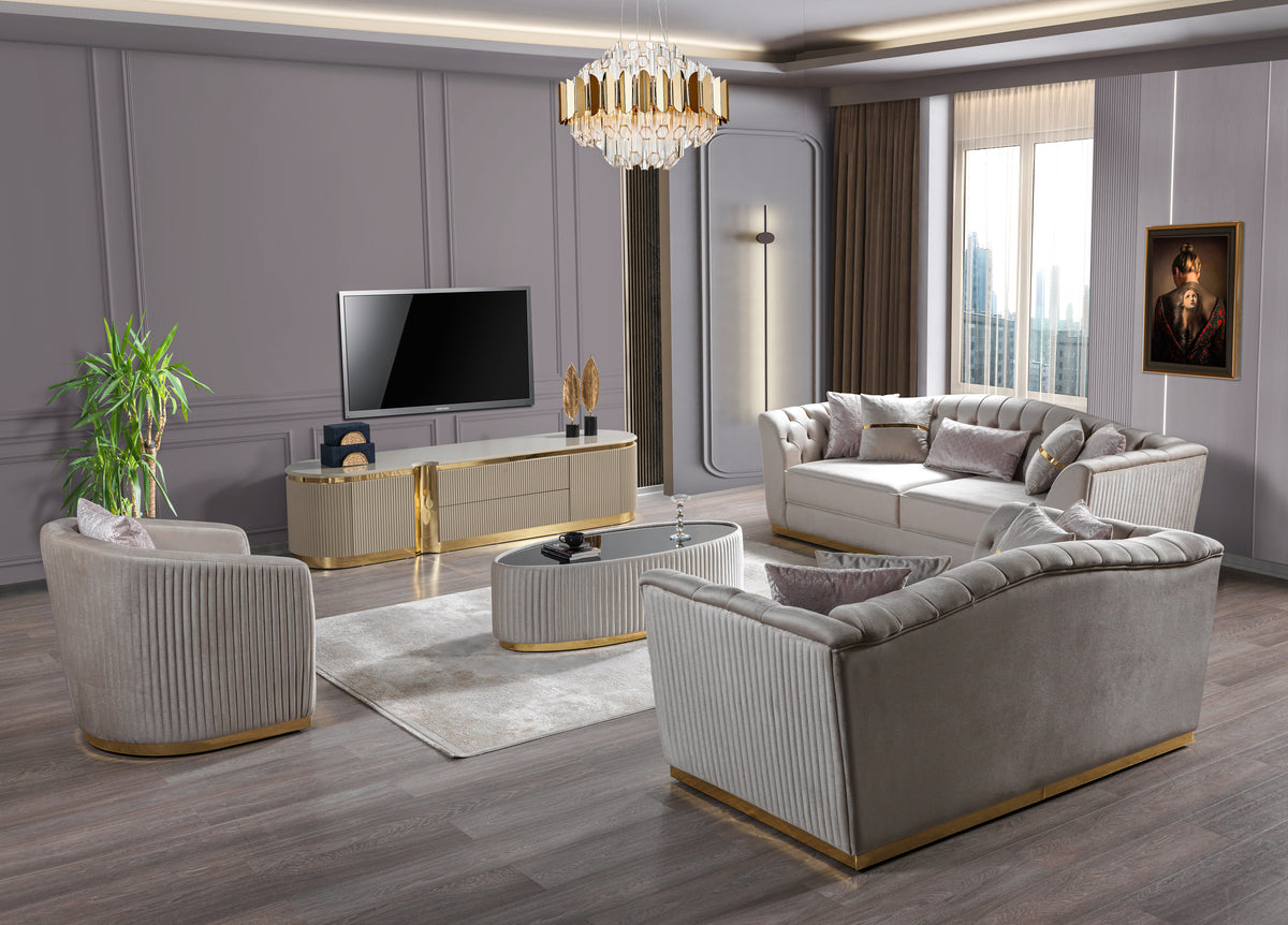 Milena Ivory/Gold Velvet Living Room Set