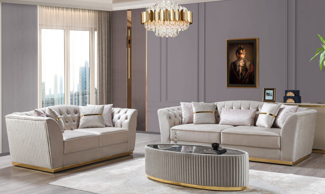 Milena Ivory/Gold Velvet Living Room Set