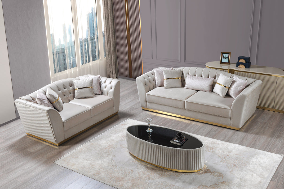 Milena Ivory/Gold Velvet Living Room Set