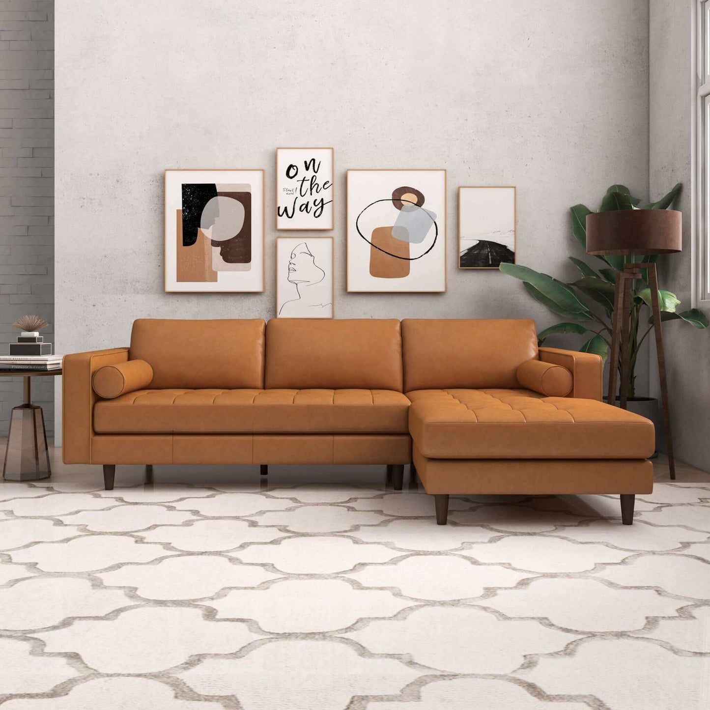 Anthony 101" Tan Leather L Shape Corner RAF Sectional