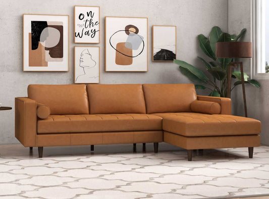 Anthony 101" Tan Leather L Shape Corner RAF Sectional