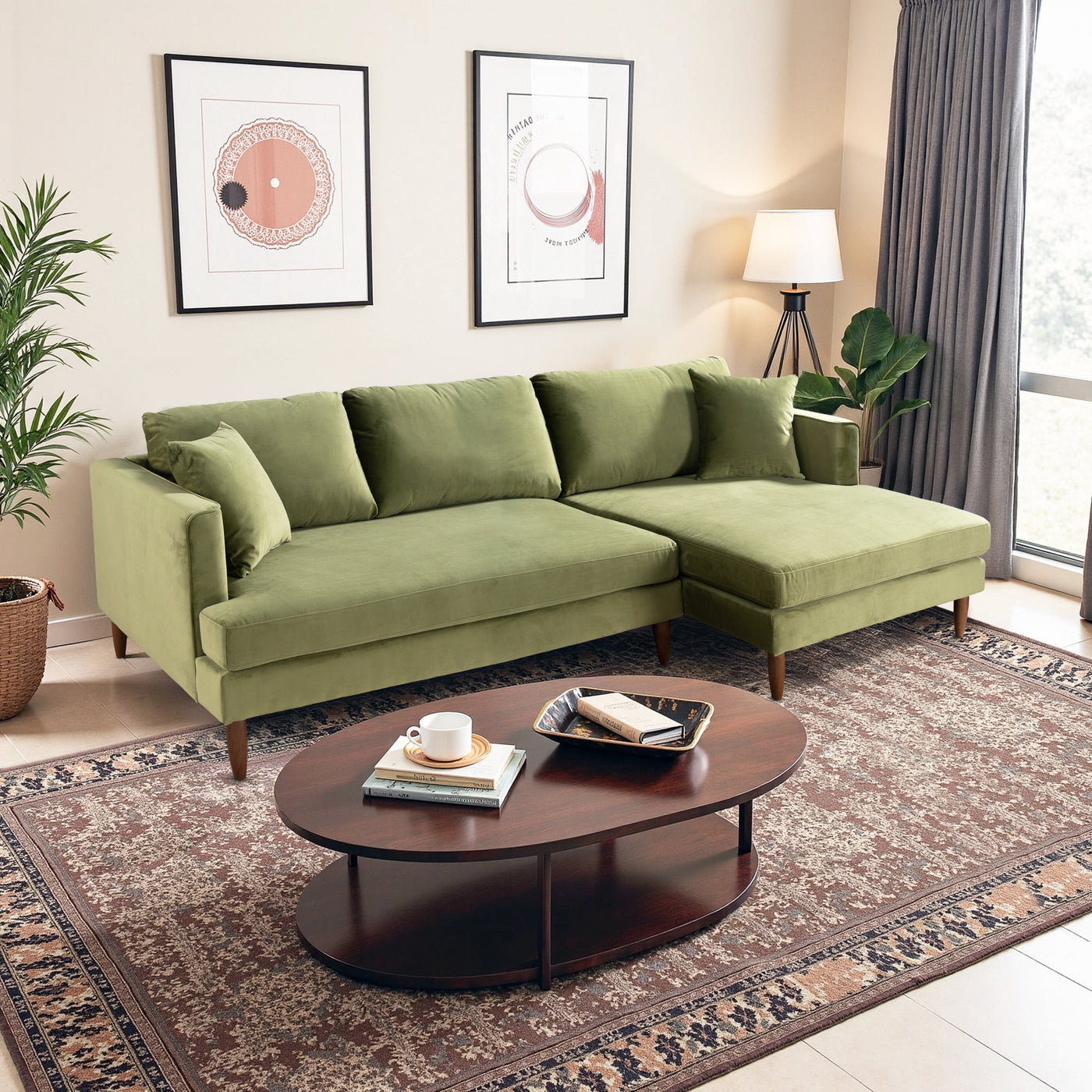 Blake 107" L-Shaped Olive Green Velvet Sectional Sofa Right Facing
