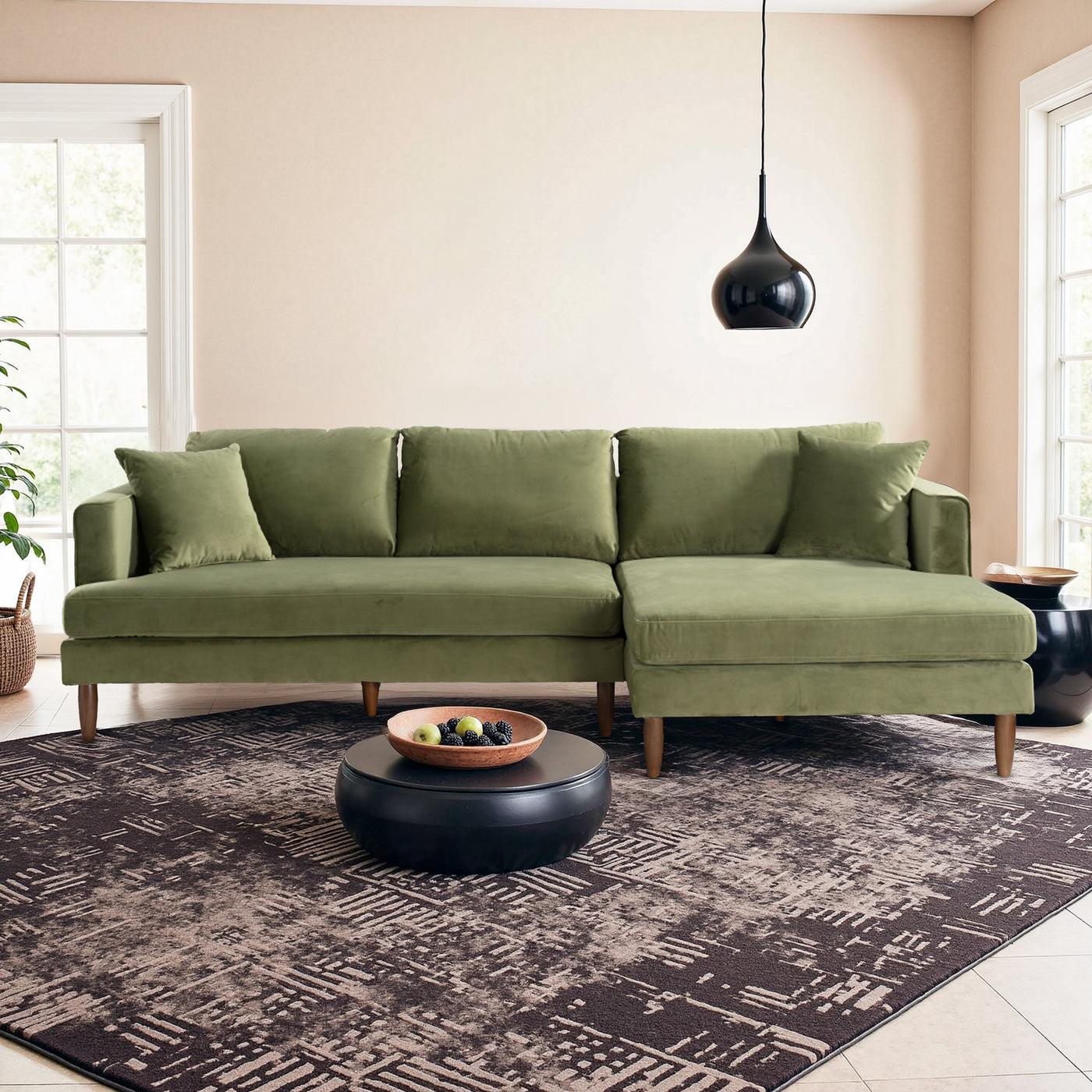 Blake 107" L-Shaped Olive Green Velvet Sectional Sofa Right Facing