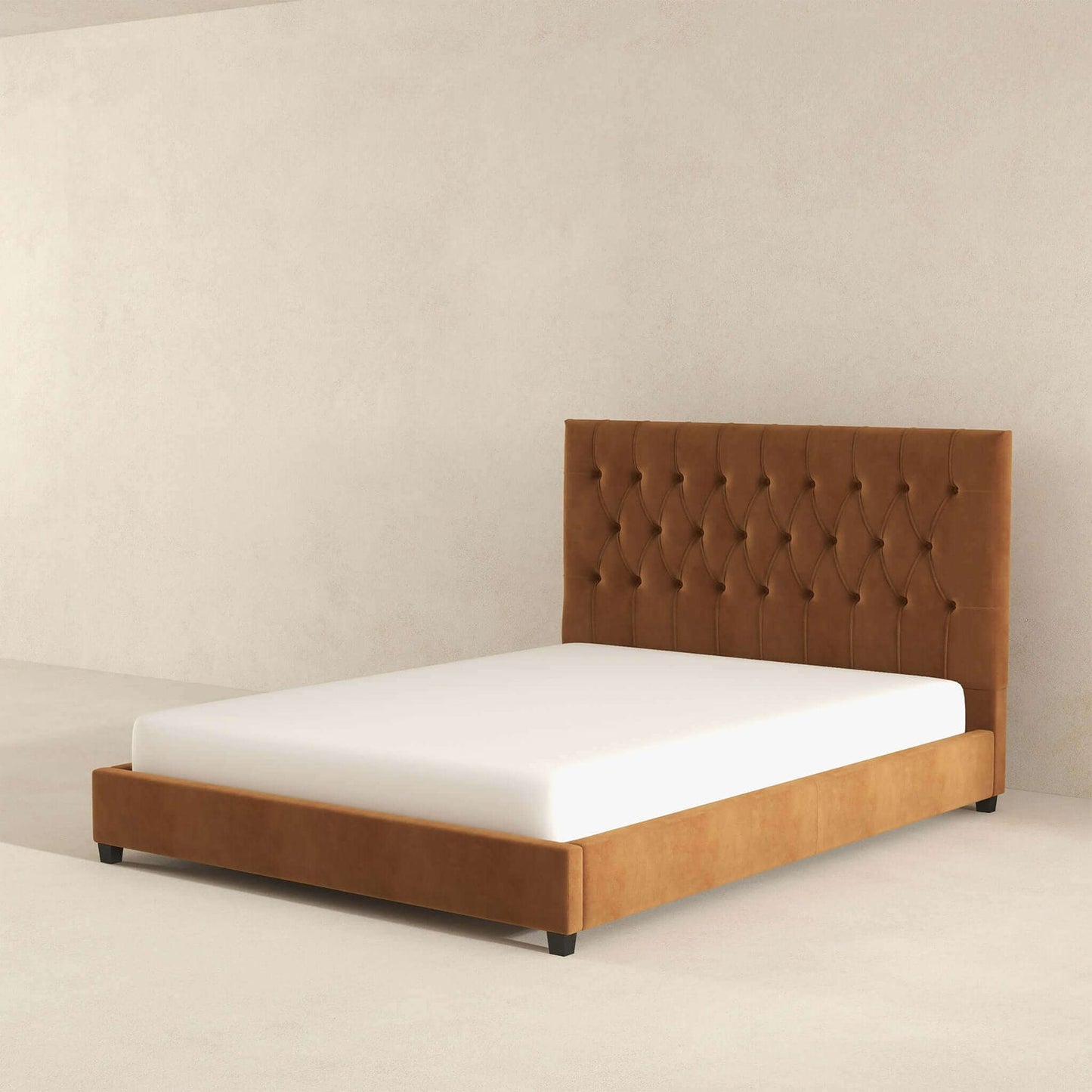 Donald Mid Century Modern Cognac King Velvet Platform Bed
