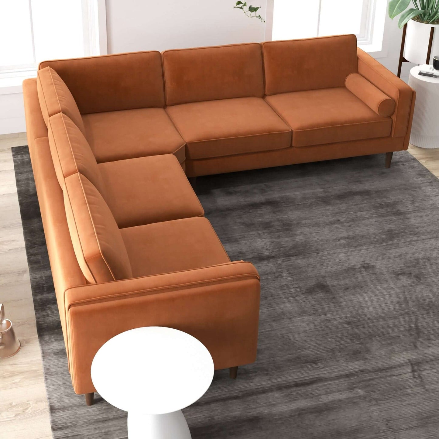 Amber 105" Orange Velvet Mid-Century Modern Corner Sectional