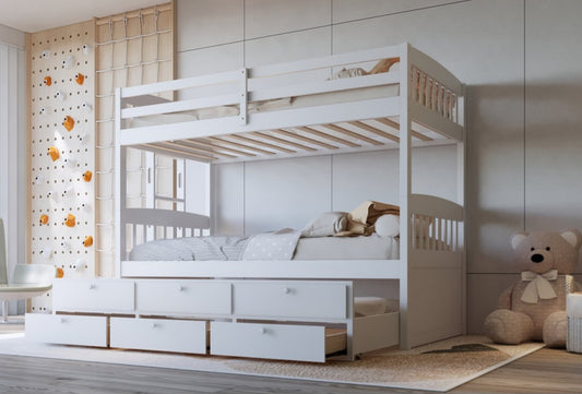 BB41 TWIN/TWIN White Bunk Bed w/Twin Trundle + 3 Drawers