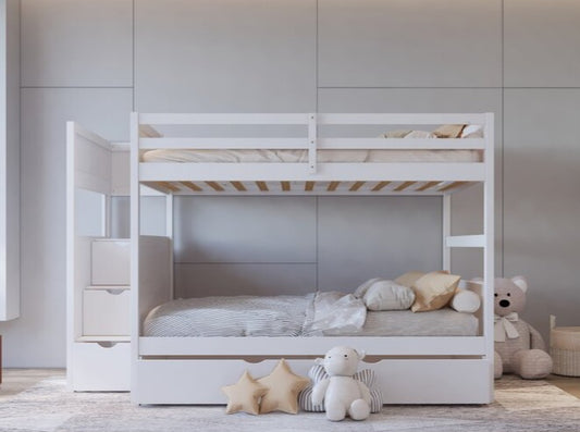 BB51 FULL/FULL White Bunk Bed w/Twin Trundle + Staircase Storage
