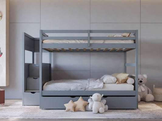 BB53 FULL/FULL Gray Bunk Bed w/Twin Trundle + Staircase Storage