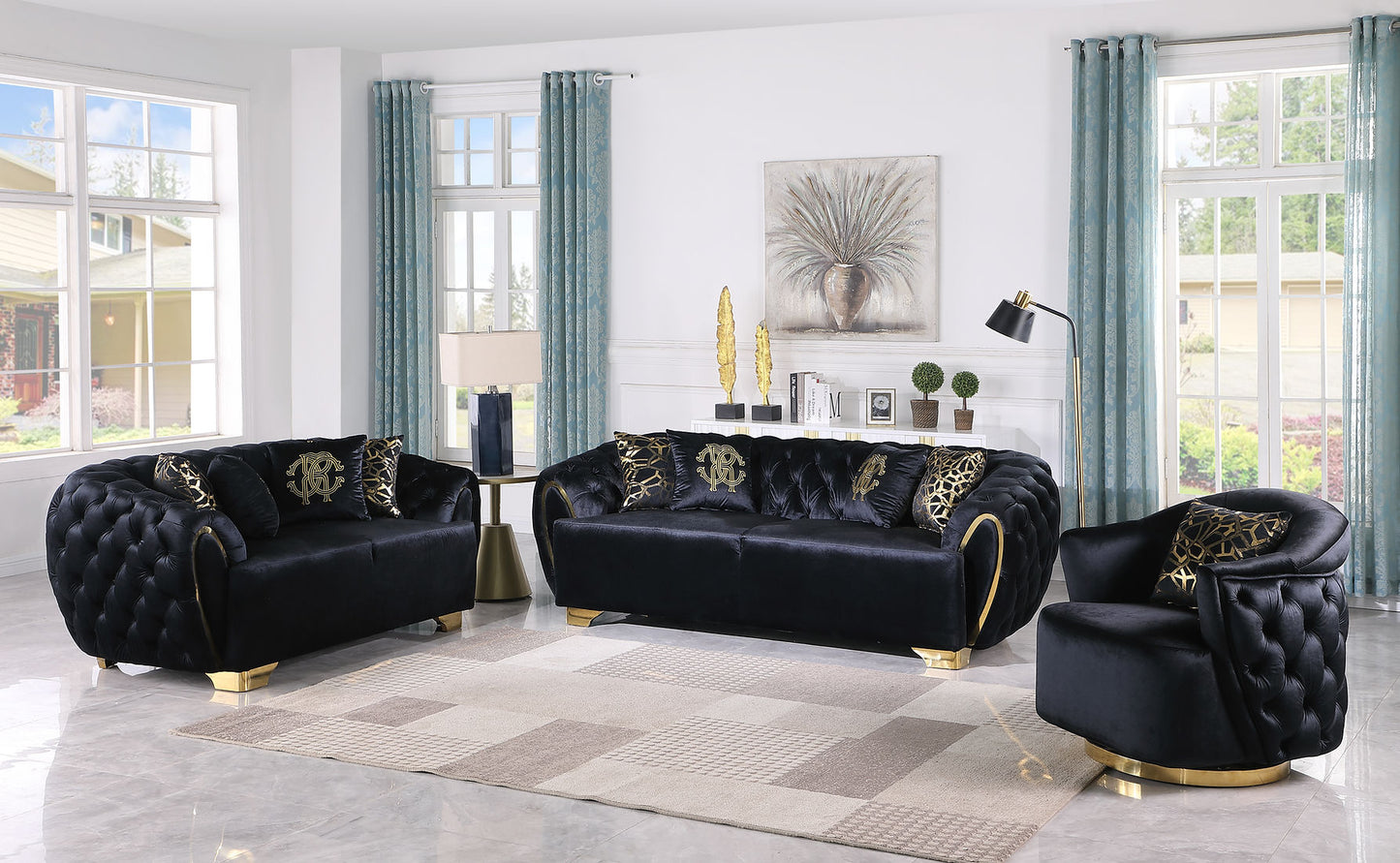 Mila Black Velvet Sofa and Loveseat S2004