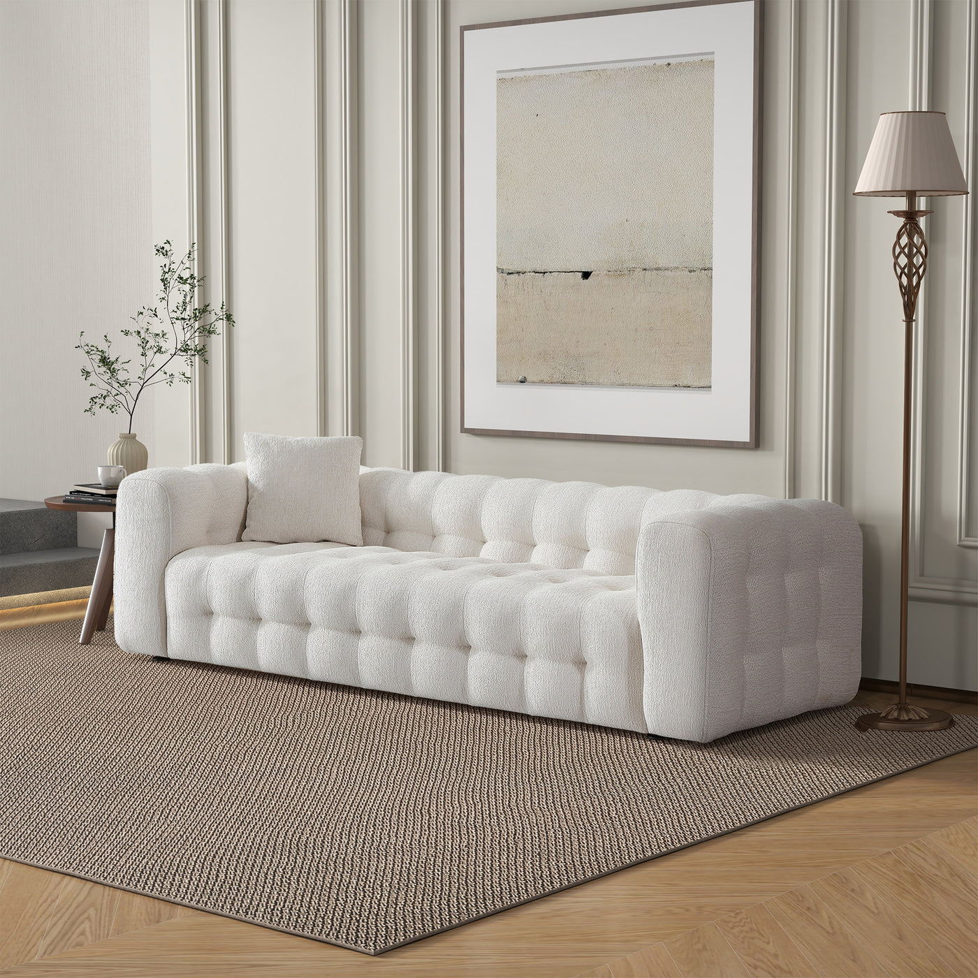 Eden Cream Modern Tufted Chesterfield Boucle Fabric Sofa