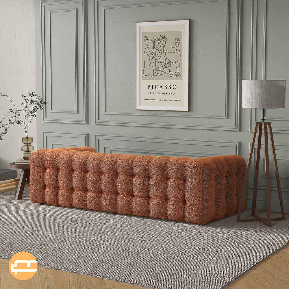 Eden Burnt Orange Modern Tufted Chesterfield Boucle Fabric Sofa