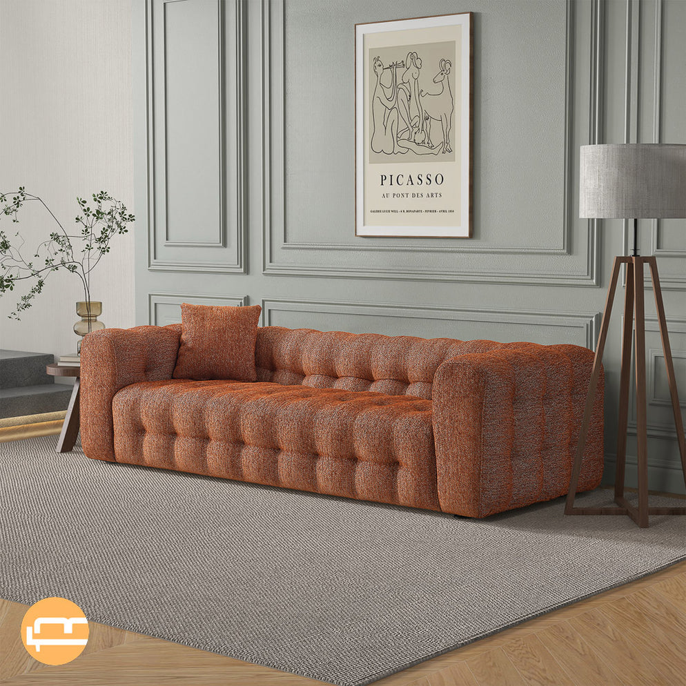 Eden Burnt Orange Modern Tufted Chesterfield Boucle Fabric Sofa