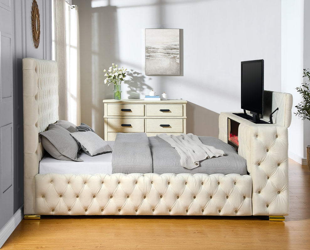 Future Beige Velvet FIREPLACE/BLUETOOTH SPEAKERS/TV STAND Queen Platform Bed