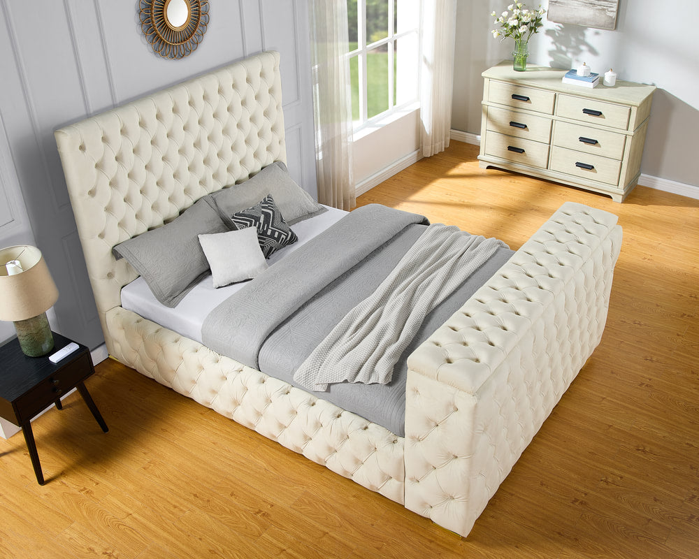 Future Beige Velvet FIREPLACE/BLUETOOTH SPEAKERS/TV STAND Queen Platform Bed