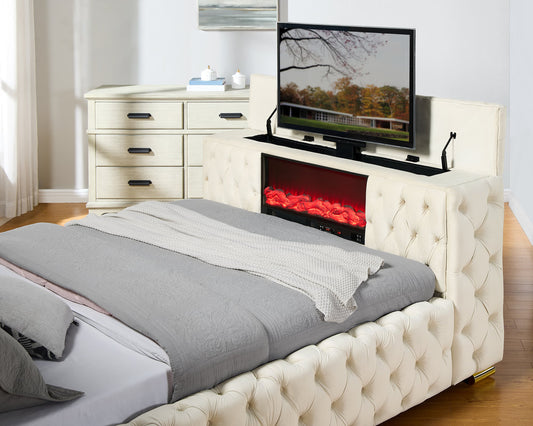 Future Beige Velvet FIREPLACE/BLUETOOTH SPEAKERS/TV STAND Queen Platform Bed