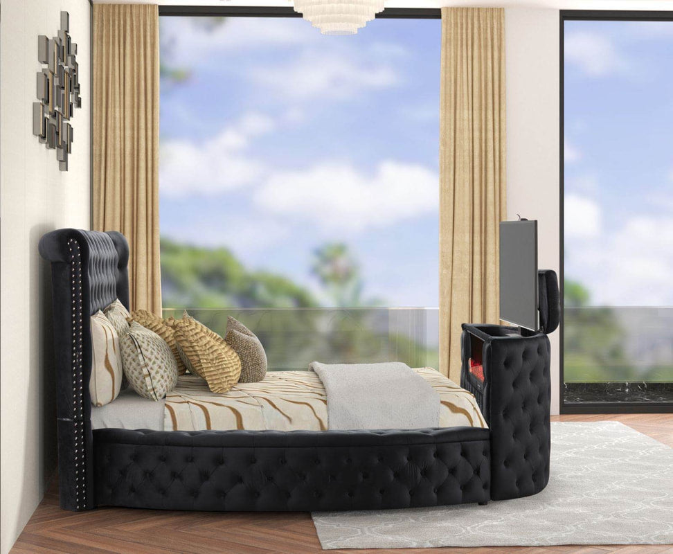 Voltare Black Velvet FIREPLACE/TV STAND Queen Platform Bed 5212