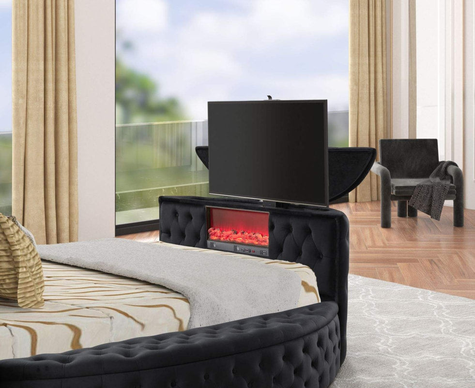 Voltare Black Velvet FIREPLACE/TV STAND Queen Platform Bed 5212