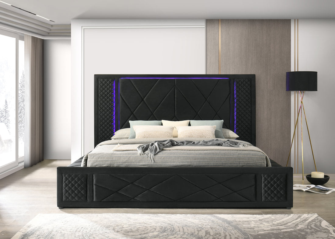 Lorenzo Black Velvet King LED/BLUETOOTH SPEAKERS Platform Bed