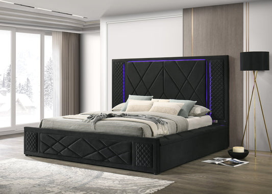 Lorenzo Black Velvet King LED/BLUETOOTH SPEAKERS Platform Bed