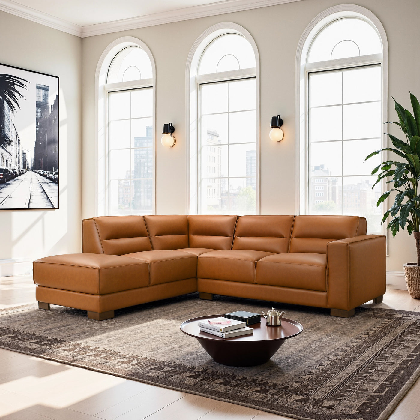 Muncie L-Shaped Sofa with Plush Cushions & Walnut Wood Legs