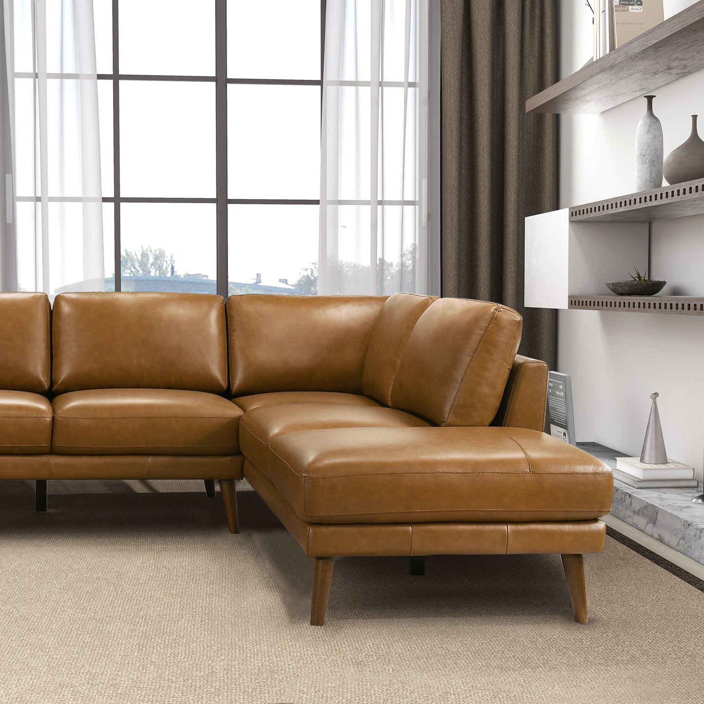 Benson 98" Tan Leather Sectional Sofa Right Facing Chaise