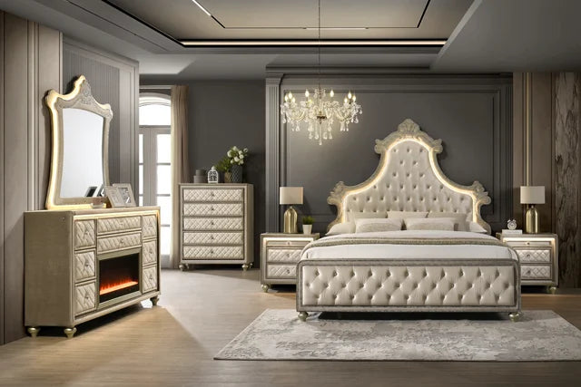 Majesty Cream Velvet FIREPLACE/LED Platform Bedroom Set
