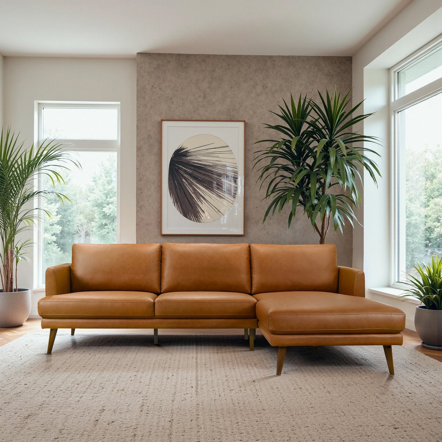 Lore L-Shaped Cognac Vegan Leather Right Sectional Sofa